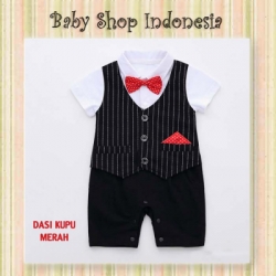 jumpsuit salur dasi kupu merah  large